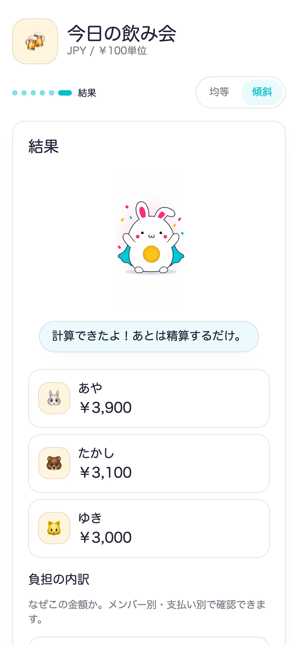 結果画面。あや ¥3,900、たかし ¥3,100、ゆき ¥3,000 と誰がいくらか出ている